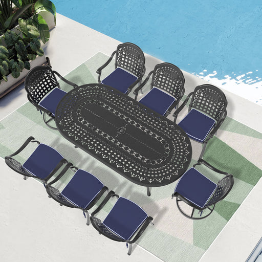 9-Piece All-Weather Cast Aluminum Dining Set, Include 2 Swivel Chairs,6 Dining Chairs and Oval Table With Black Frame - DTYStore