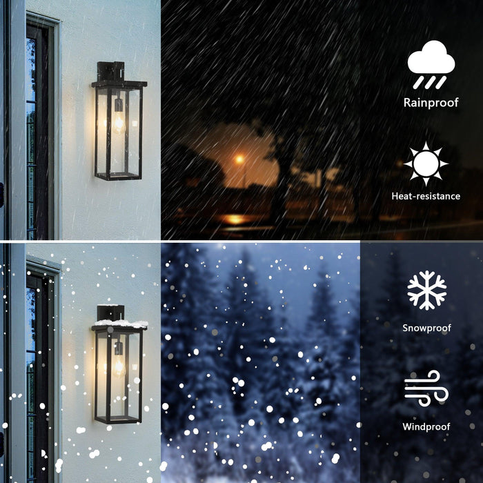 Set of 2 Modern Outdoor Wall Lanterns with Black Metal Frame and Clear Glass, Weatherproof Wall Sconces for Porch, Garage, or Entryway Lighting, E26 Bulb Compatible - DTYStore