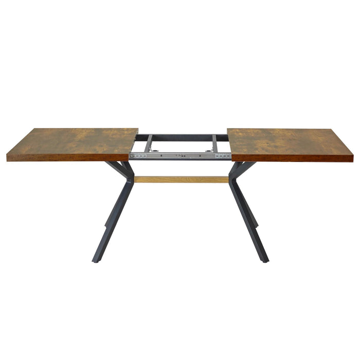 62.99"- 78.74" Vintage Rectangular Stretch Dining Table With Antique Wooden Tabletop and Black Embossed Centerboard, Walnut Colored Crossbars, Black Fine Sanded Iron Leg Base Stretch Dining Table