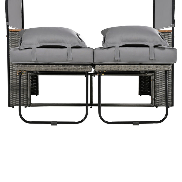 2-Piece Outdoor Rattan Daybed, Outdoor Bed with 5 Positions, Outdoor Loveseat Patio Sofa with Bench Lounge Roof Set and Cushions for Poolside, Backyard and Garden (Grey Wicker + Grey Fabric) - DTYStore