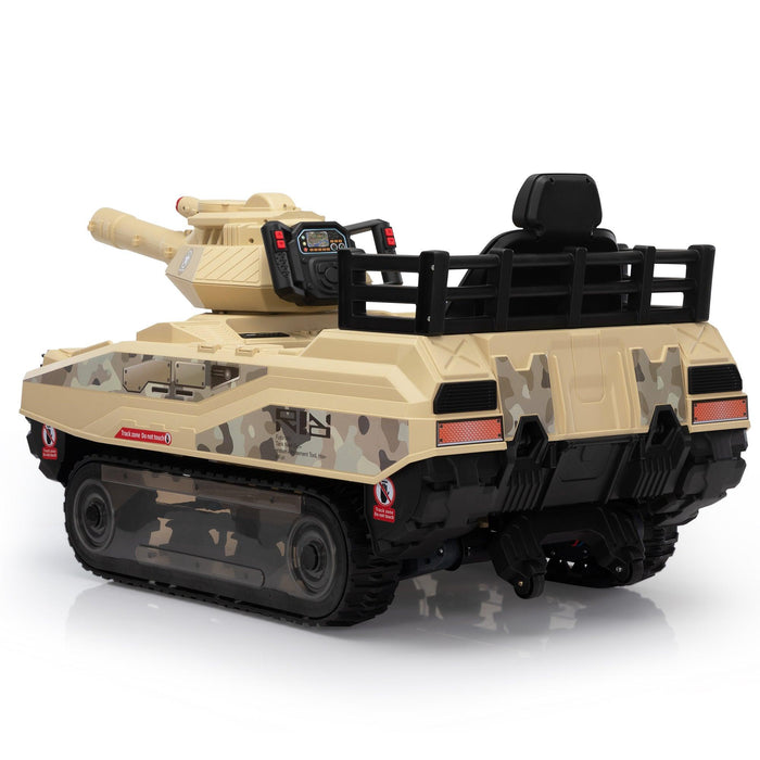 Ride On Tank 24V Thunder Tank Car with Fighting Cannon and Rotating Turret, Remote Control, Lights, Music, Military Battery Powered Truck Toy Gift for Boys Girls, 3-8 Years Old, Desert Yellow