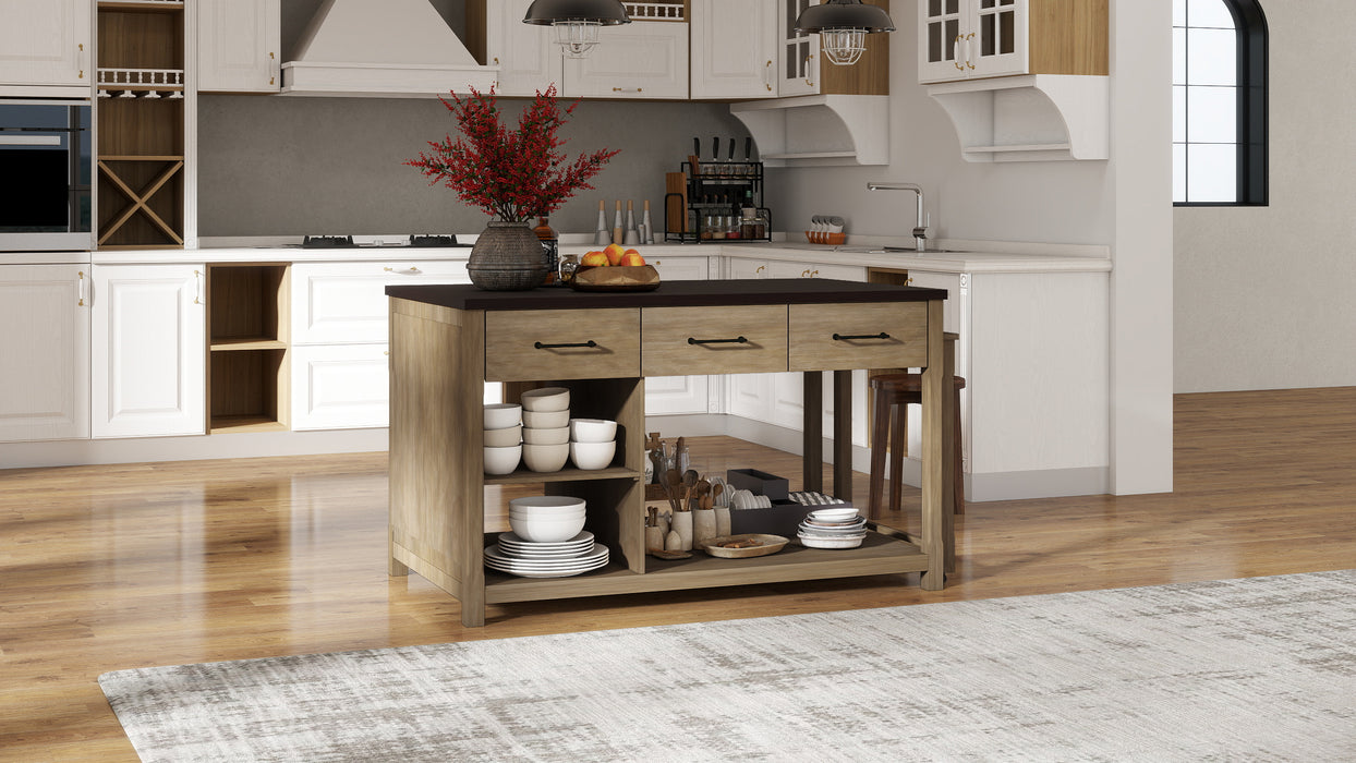 Extendable Kitchen Island with Storage, Multi-Functional Kitchen Cart with Built-In Power Outlets, Retro Kitchen Island on Wheels with Drawers and Open Shelves for Kitchen (Espresso+Natural) - DTYStore
