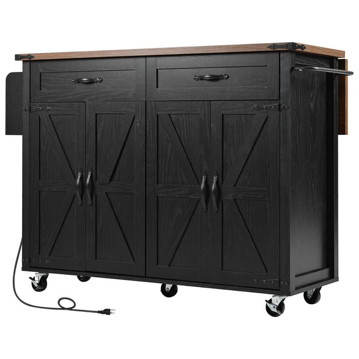 K&K 53.5''Farmhouse Kitchen Island with Power Outlet, Kitchen Storage Island with Drop Leaf, Spice Rack and Drawer, Rolling Kitchen Cart on Wheels, for Home, Kitchen and Dining Room, Black