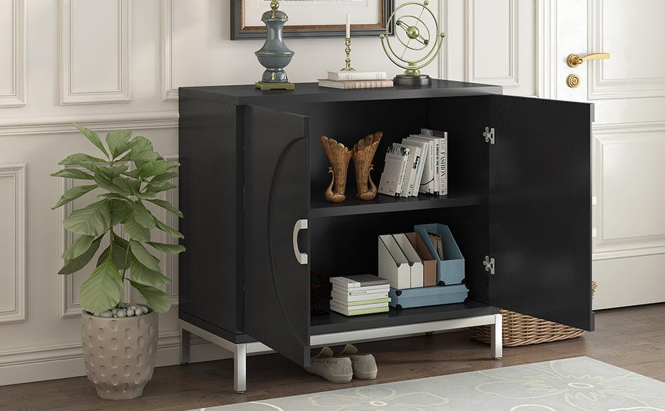 Simple Storage Cabinet Accent Cabinet with Solid Wood Veneer and Metal Leg Frame for Living Room, Entryway, Dining Room (Black)