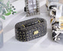 9.5" Long Leather Jewelry Organizer Case with Mirror, Gold Swirl Pattern, Black