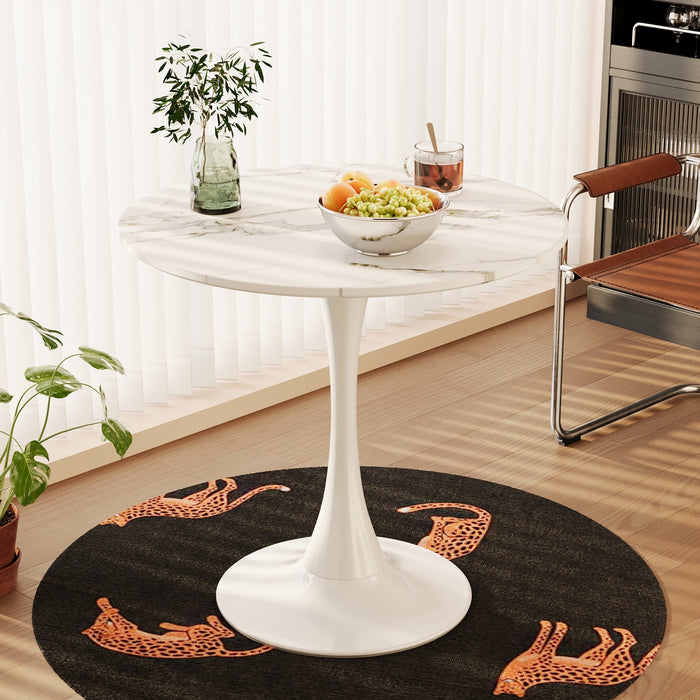 31.4 "round dining table, medieval white marble patterned tulip dining table, 2-3 person metal base dining table, easy to assemble casual coffee table, office desk - DTYStore