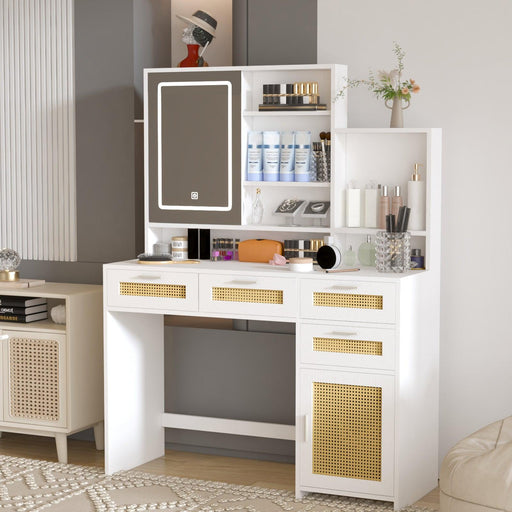 Makeup Vanity with Lights in 3 Colors & Openable Mirror, Vanity Desk with 4 Drawers & 1 Cabinets & Shelves, Vanity Table Rattan Vanity Dresser, for Bedroom - DTYStore