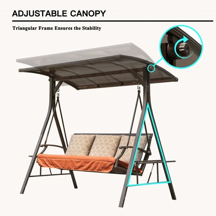 Patio Porch Swing 3 Person Adjustable Canopy Deluxe Hammock Swing Glider with 3 Sunbrella Cushions for Outdoor Garden, Balcony, Backyard - DTYStore