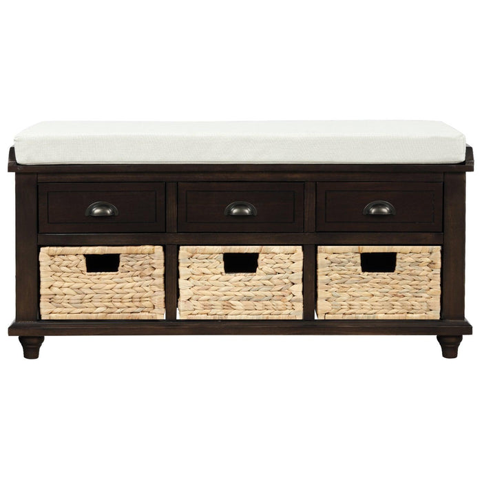 Rustic Storage Bench with 3 Drawers and 3 Rattan Baskets, Shoe Bench for Living Room, Entryway