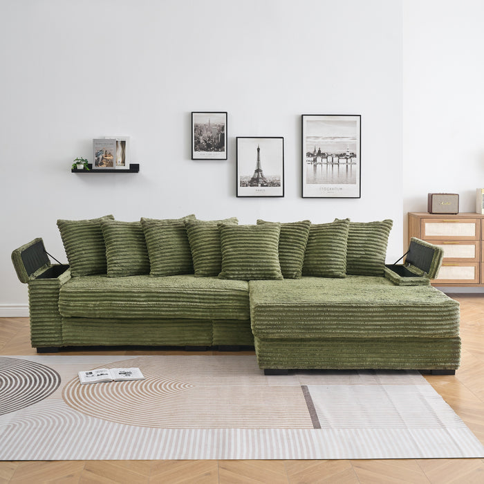 111.4-inch green corduroy sofa with cup holders and lockers on the armrests and a reversible chaise lounge (which can be swapped left and right) is suitable for living rooms and bedrooms. - DTYStore