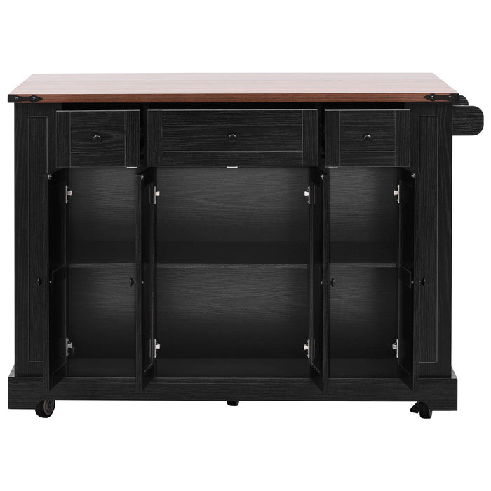 53'' Farmhouse Kitchen Island with Two Tempered Glass Cabinet Doors, Power Outlet, Rolling Kitchen Cart on Wheels with Drop Leaf, 5 Open Side Racks, 3 Drawers, for Kitchen, Dining Room, Black - DTYStore