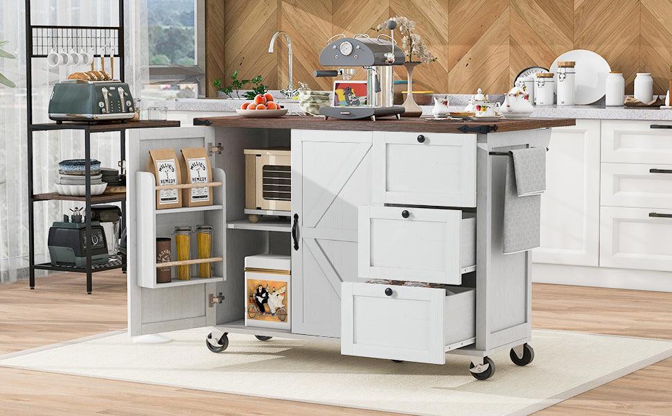 54.5" Farmhouse Kitchen Island with Power Outlet, Kitchen Storage Island with Internal Storage Rack, Drop Leaf, Spice Rack, Rolling Kitchen Cart on Wheels, for Home, Kitchen and Dining Room,White - DTYStore