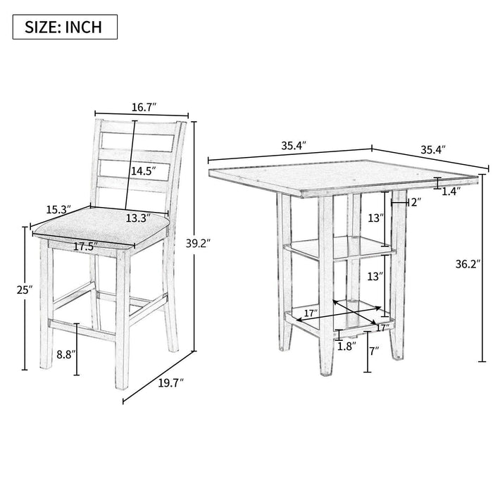 5-Piece Wooden Counter Height Dining Set with Padded Chairs and Storage Shelving