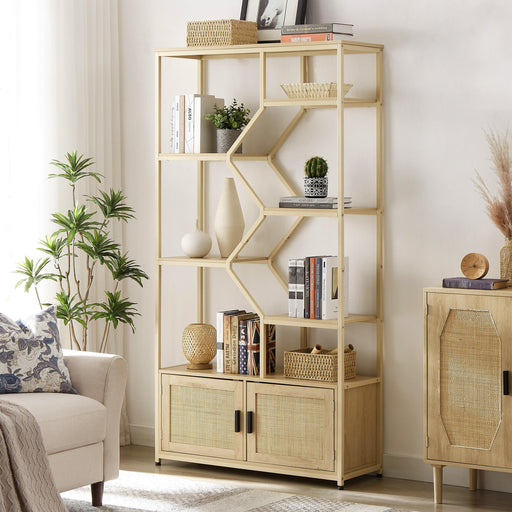 Rattan bookshelf 7 tiers Bookcases Storage Rack with cabinet for Living Room Home Office, Natural, 39.4'' W x 13.8'' D x 75.6'' H. - DTYStore
