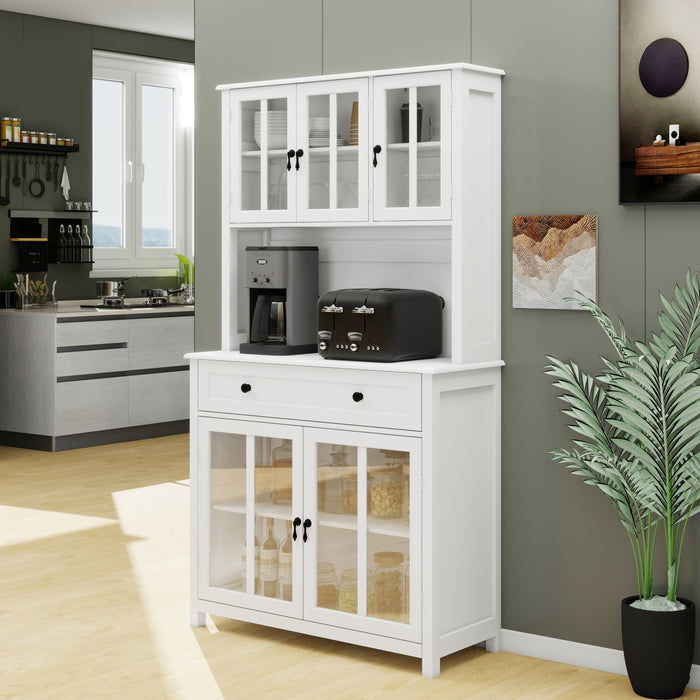 71' Pantry Storage Cabinet with Microwave Oven Countertop, Freestanding Hutch Cabinet with 3 Adjustable Shelves, 5 glass Doors and 1 Large Drawer-White - DTYStore