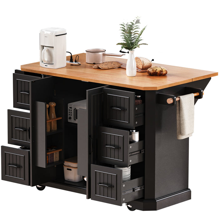 56 inch Kitchen Island with Rubber Wood Veneer Drop Leaf, Power Outlet, 4 Door Shelves, Embossed Vertical Stripe Rolling Kitchen Cart on 4 Wheels with 6 Deep Drawers for Kitchen, Dining Room,Black - DTYStore