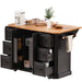 56 inch Kitchen Island with Rubber Wood Veneer Drop Leaf, Power Outlet, 4 Door Shelves, Embossed Vertical Stripe Rolling Kitchen Cart on 4 Wheels with 6 Deep Drawers for Kitchen, Dining Room,Black - DTYStore