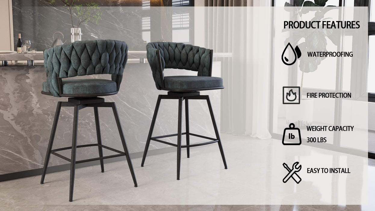 26' Bar Chair Suede Woven Bar Stool Set of 2,Black legs Barstools No Adjustable Kitchen Island Chairs,360 Swivel Bar Stools Upholstered Bar Chair Counter Stool Arm Chairs with Back Footrest (Blue) - DTYStore
