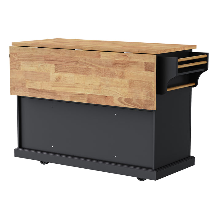 54inch Large Kitchen Island with Rubber Wood Drop Leaf, Embossed Texture Rolling Kitchen Cart on 4 Wheels with 4 Doors and 3 Drawers, Kitchen Island with Storage for Kitchen, Dining Room,Black - DTYStore