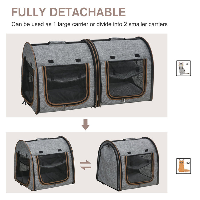39" Portable Soft-Sided Pet Cat Carrier with Divider, Two Compartments, Soft Cushions, & Storage Bag, Grey - DTYStore