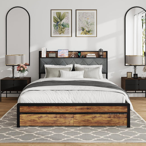 Queen Size Metal Platform Bed Frame with 2 Storage Drawers & LED Light, Velvet Button-Tufted Headboard with Outlet & USB Charging Port, Heavy Duty, Brown Wooden Panel, No Box Spring Needed - DTYStore