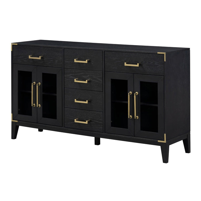 6-drawer and 2-Cabinet Retro Sideboard with Extra Large Storage Space and Gold Handles