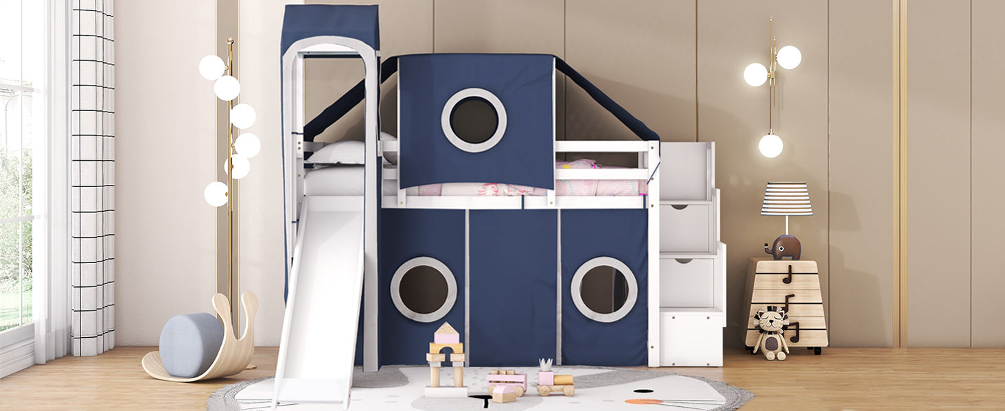 Twin Size Loft Bed with Tent and Tower - Blue - DTYStore