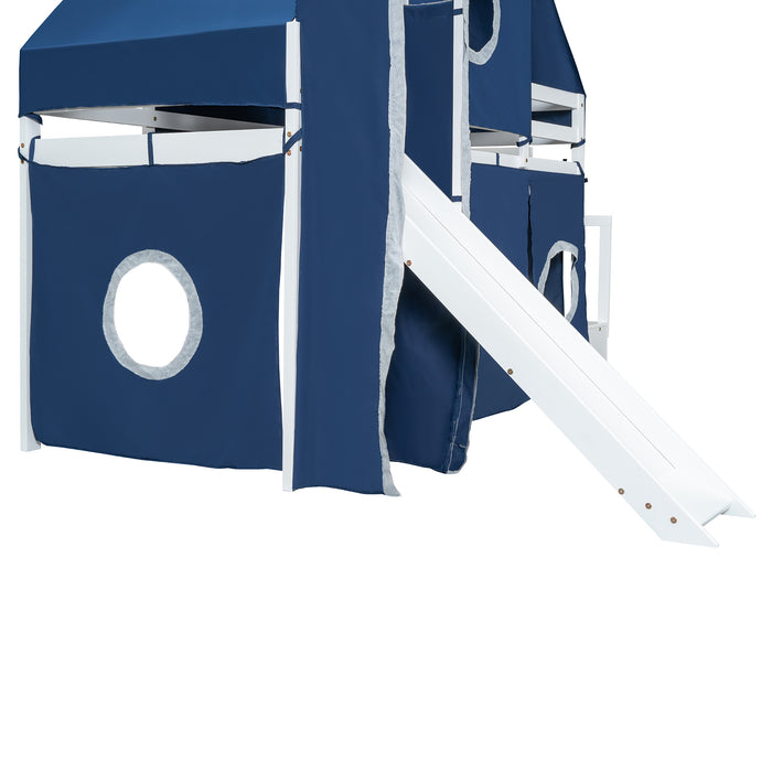 Twin Size Loft Bed with Tent and Tower - Blue - DTYStore