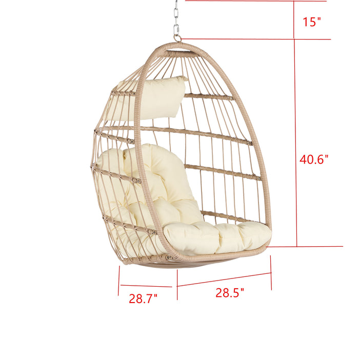 Outdoor Garden Rattan Egg Swing Chair Hanging Chair Wood+Khaki - DTYStore
