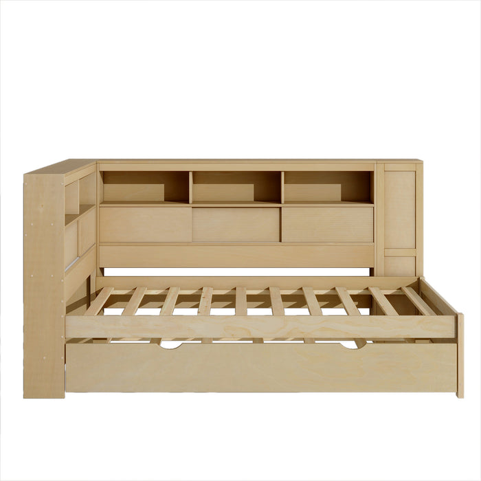 Twin Size Wood Daybed with Storage Shelves, USB and Trundle, Natural - DTYStore