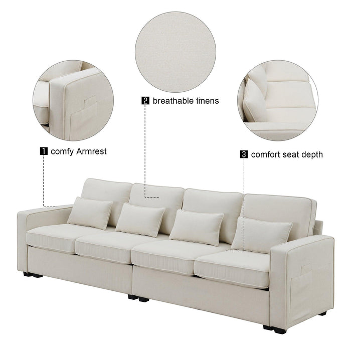 Modern Linen Fabric Sofa with Armrest Pockets and Pillows, Minimalist Style Couch