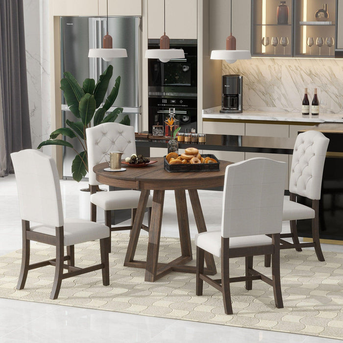 5-Piece Retro Functional Dining Set, Round Table with 16"W Leaf and 4 Upholstered Chairs