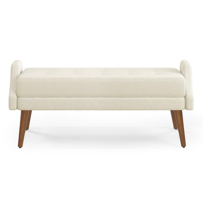 Modern Living Room Bench, made of looped yarn fabric, with soft cushion, irregular geometric armrests, and rubber wooden legs, suitable for living rooms, bedrooms, and entrances--beige