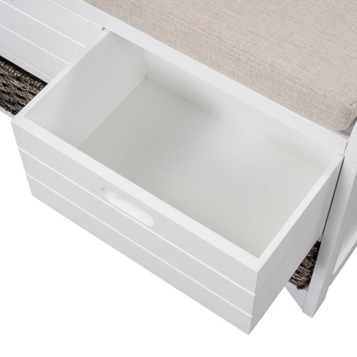 TREXM Storage Bench with Removable Basket and 2 Drawers, Fully Assembled Shoe Bench with Removable Cushion (White)