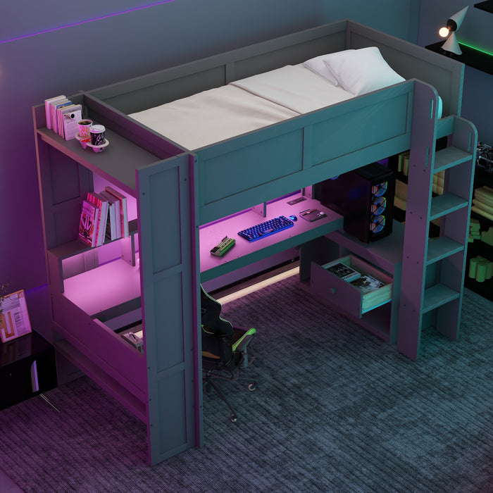 Wood Twin Size Gaming Loft Bed with Desk, Multi-storage Shelves, LED and Charging Station, Dark Gray - DTYStore