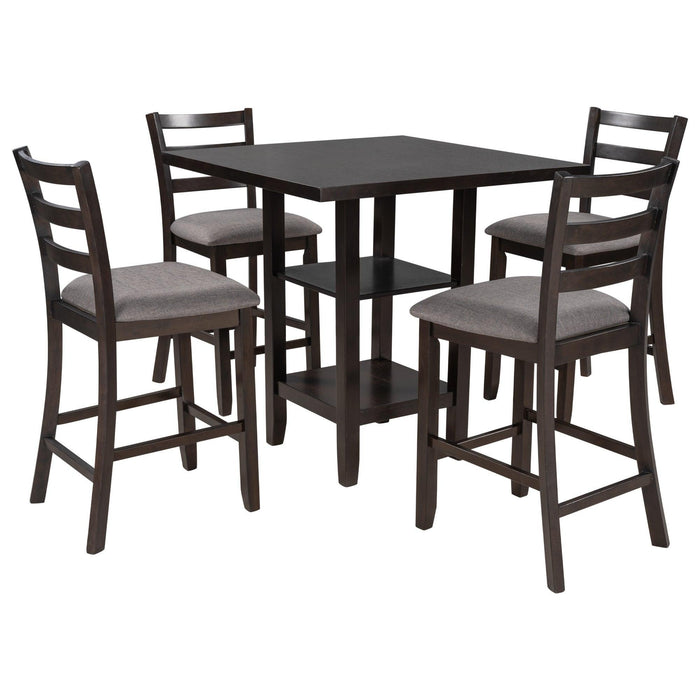 5-Piece Wooden Counter Height Dining Set with Padded Chairs and Storage Shelving