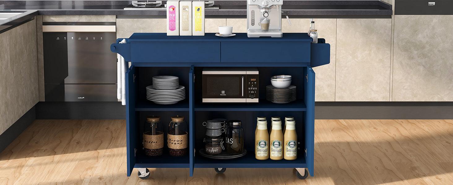 K&K 53.2'' Kitchen Island with Drop Leaf, Kitchen Storage Cart with Spice Rack, Towel Rack and 2 Drawers, Rolling Kitchen Island on Wheels with Adjustable Shelves for Kitchen, Dining Room, Navy Blue