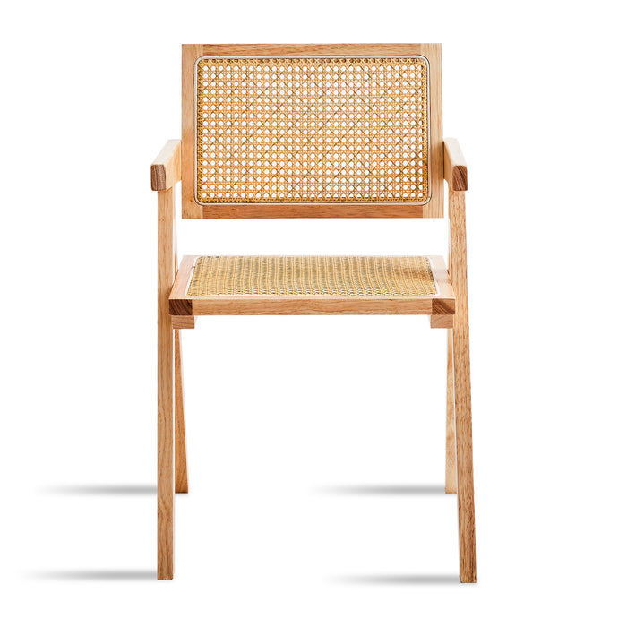 2 dining chairs, natural color, rubber wood rattan weaving technology, armrest solid wood dining chair, living room chair, simple and natural - DTYStore