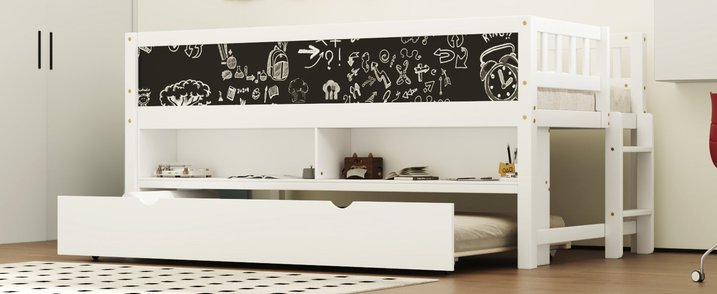 Twin Size Wood Low Loft Bed with Storage Shelves, Blackboard and Trundle, White - DTYStore