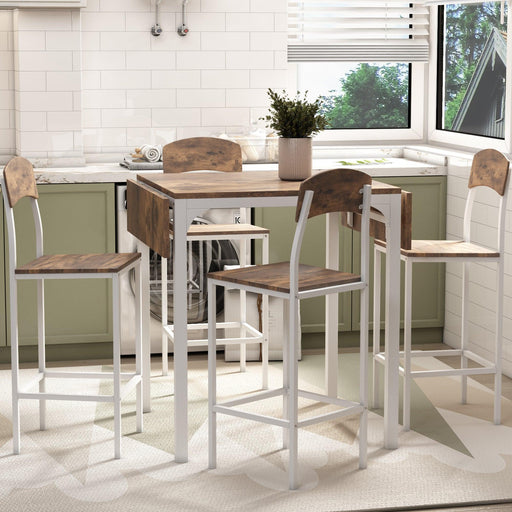 Farmhouse 5-piece Counter Height Drop Leaf Dining Table Set with Dining Chairs for 4,White Frame+ Rustic Brown Tabletop - DTYStore