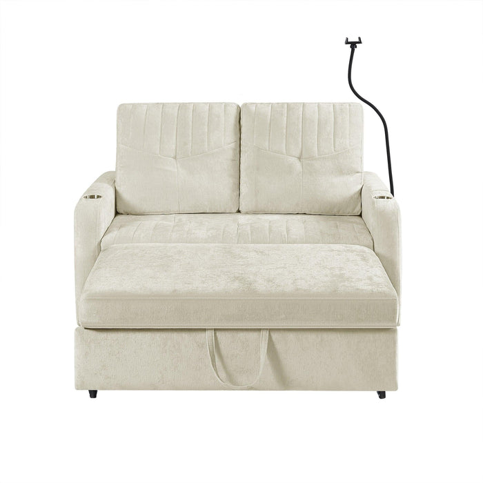 53.9" Modern Loveseat Pull-out Sofa Bed with Adjustable Backrest, Two Cup Holders , a Phone Holder, Three Charging Ports and Side Storage Pockets for Living Room, Beige