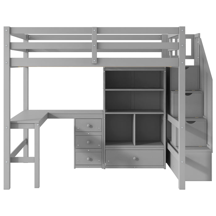 Full Size Loft Bed with L-Shaped Desk and Drawers, Cabinet and Storage Staircase, Gray - DTYStore