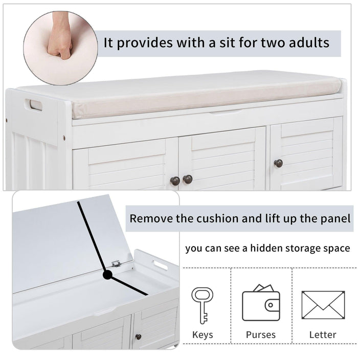 Storage Bench with 3 Shutter-shaped Doors, Removable Cushion and Hidden Storage Space