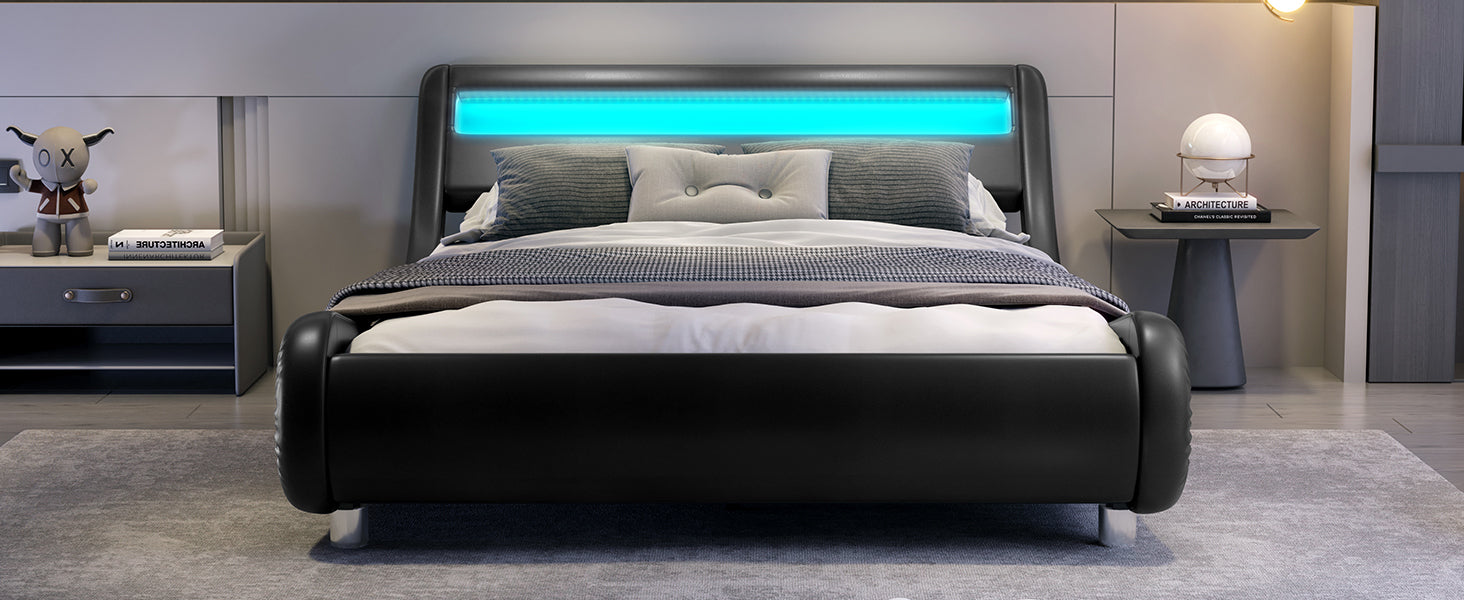 Full Bed Frame with Adjustable Headboard - Low Profile Sleigh Design, Strong Wood Slats Support and Mattress Foundation, No Box Spring Needed, Black - DTYStore