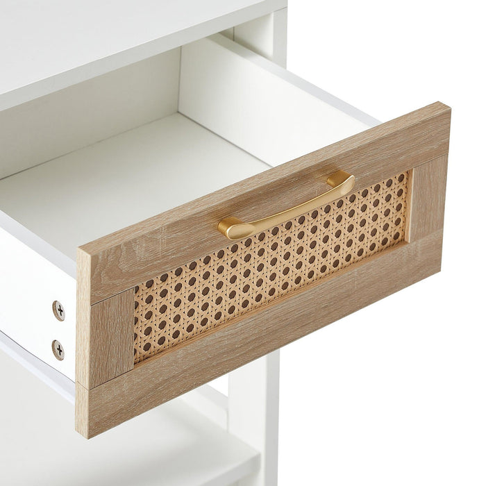 15.75" Rattan End table with drawer, Modern nightstand, side table for living room, bedroom,white - DTYStore