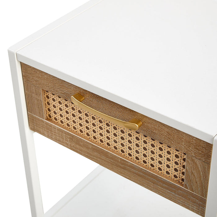 15.74" Rattan End table with drawer, Modern nightstand, metal legs,side table for living room, bedroom,white(1 pc) - DTYStore