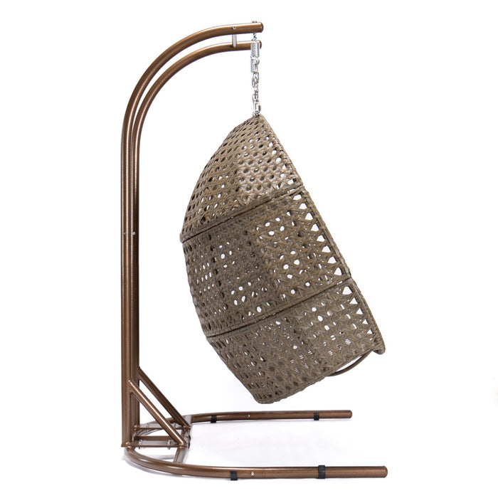 Brown Wicker Hanging Double-Seat Swing Chair with Stand w/Beige Cushion - DTYStore