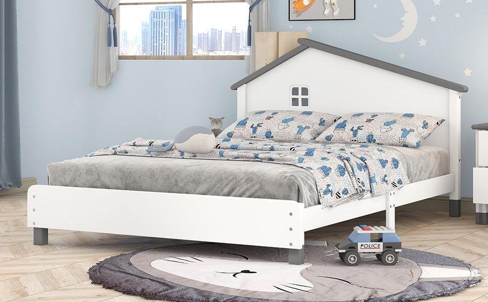 Full Size Wood Platform Bed with House-shaped Headboard (White+Gray)