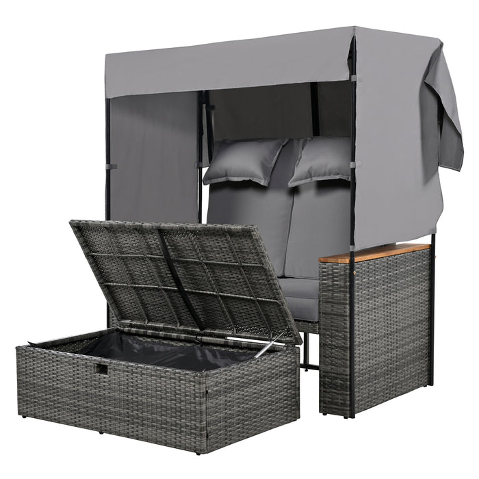 2-Piece Outdoor Rattan Daybed, Outdoor Bed with 5 Positions, Outdoor Loveseat Patio Sofa with Bench Lounge Roof Set and Cushions for Poolside, Backyard and Garden (Grey Wicker + Grey Fabric) - DTYStore