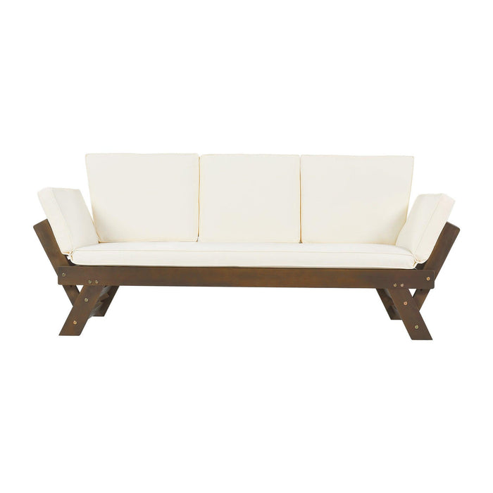 TOPMAX Outdoor Adjustable Patio Wooden Daybed Sofa Chaise Lounge with Cushions for Small Places, Brown Finish+Beige Cushion